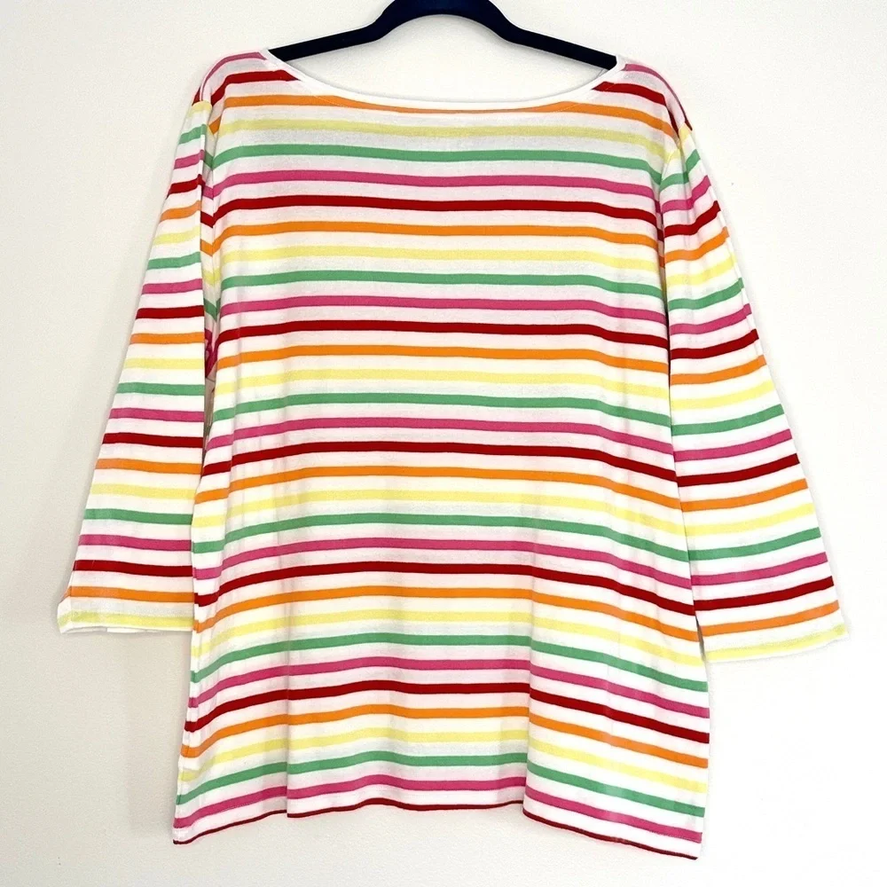 Talbots Womens Cotton Bateau Neck Sonora Stripe 3/4 Sleeve Tee Colorful Size XL - Picture 4 of 9